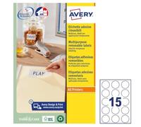 Avery Removable, Printable, Multi Purpose Circle Labels, Multi Surface, Ø 51 mm, White, 15 Labels per Sheet, 375 Blank Labels per Pack (L4853REV-25)