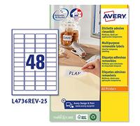 Avery Removable, Printable, Multi Purpose Labels, Multi Surface, 45.7 x 21.2 mm, White, 48 Labels per Sheet, 1200 Blank Labels per Pack (L4736REV-25)