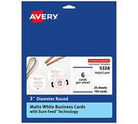 Avery Round Business Cards, Sure Feed Technology, 3" Diameter, Matte White, 150 Total, Print-to-The-Edge, Laser/Inkjet Printable (5328)