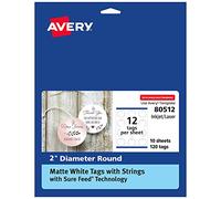 Avery Round Tags with Sure Feed Technology, 2" Diameter, Matte White, 120 Round Tags with Strings, Print-to-The-Edge, Laser/Inkjet Printable Tags (80512)