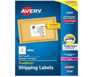 Avery Shipping Labels with TrueBlock Technology for Laser Printers 3-1/3" x 4", Box of 600 (5164)