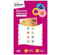 Avery Smiley Face Clothes Labels, Pack of 36, Self-Adhesive Name Labels for Clothing, Washable up to 40°C, Tumble Dryer Safe, Customisable with Permanent Marker, 1.2 x 4.5 cm