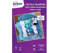 Avery UK Textile Transfer Paper for Light Cottons, Laser Printers,1 Printable Fabric Transfer per A4 Sheet, 15 Sheets per Pack, White MD1004.UK