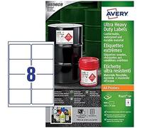 Avery Ultra Heavy Duty Industrial Waterproof Labels, 105 x 74 mm A4, Extremely Strong Adhesive, idea for Difficult Surfaces, Printable and Suitable for Outdoor use. 8 Labels per A4 Blank White Sheet