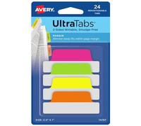 Avery Ultra Tabs, 2.5" x 1", 2-Side Writable, Pink/Green/Orange, 24 Repositionable Margin Tabs (74767)
