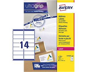 Avery UltraGrip Address Labels L7163-100 Adhesive A4 White 99.1 x 38.1 mm 100 Sheets of 14 Labels