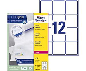 Avery UltraGrip Address Labels L7164-100 Adhesive A4 White 63.5 x 72 mm 100 Sheets of 12 Labels