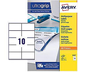 Avery UltraGrip Multipurpose Labels 3425 Adhesive A4 White 105 x 57 mm 100 Sheets of 10 Labels
