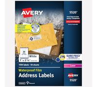 Avery Waterproof Printable Address Labels with Sure Feed, 1" x 2-5/8", White, 1,500 Blank Mailing Labels (5520)