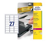 Avery White 63.5 x 29.6mm Self Adhesive Anti-Tamper Labels - 27 Per Page - 20 Sh