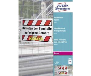 Avery Zweckform 3487 Weatherproof Films, Coated and Batch Processable for Colour Laser Printers and Black-and-White Copiers and Laser Printers, Thickness 13 mm