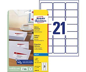 AVERY Zweckform Inkjet Address Labels J8160-25 Adhesive A4 White 63.5 x 38.1 mm 25 Sheets of 21 Labels