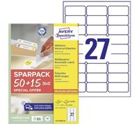 AVERY Zweckform L4737REV-65 Universal Labels (1,350 Plus 405 Extra Adhesive Labels, 63.5 x 29.6 mm on A4, Removable/Removable Without Residue, Printable, Self-Adhesive Stickers) 65 Sheets, White