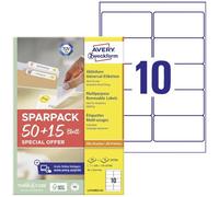 AVERY Zweckform L4744REV-65 Universal Labels (500 Plus 150 Extra Adhesive Labels, 96 x 50.8 mm on A4, Removable/Removable Without Residue, Printable, Self-Adhesive Stickers) 65 Sheets, White