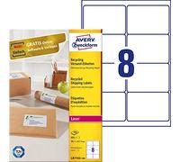 Avery Printable, Customisable Recycled Parcel Shipping Labels, Laser Printers, 8 Labels Per A4 Sheet, 800 Labels, QuickPEEL (LR7165) White,99.1 x 67.7 mm