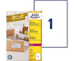AVERY Zweckform LR7167-100 Recycled Labels 199.6 x 289.1 mm 100 Sheets Self-Adhesive Printable Matte Paper 100% Recycled Paper Blue Angel Natural White