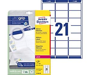AVERY Zweckform UltraGrip Address Labels L7160-40 Adhesive A4 White 63.5 x 38.1 mm 40 Sheets of 21 Labels