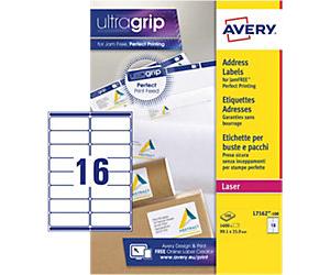 AVERY Zweckform UltraGrip Address Labels L7162-100 Adhesive A4 White 99.1 x 33.9 mm 100 Sheets of 16 Labels