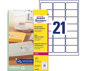 AVERY Zweckform Water resistant Address Labels L7560-25 Adhesive A4 Transparent 63.5 x 38.1 mm 25 Sheets of 21 Labels