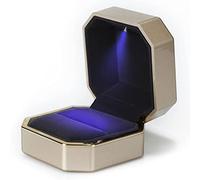 AVESON Luxury Ring Box, Square Velvet Wedding Ring Case Jewelry Gift Box with LED Light for Proposal Engagement Wedding, Gold