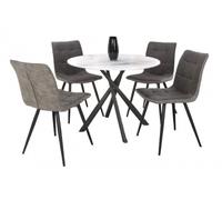 Avesta White Marble Effect Round Dining Table and 4 Rodeo Dark Grey Chairs