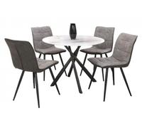 Avesta White Marble Effect Round Dining Table and 4 Rodeo Light Grey Chairs