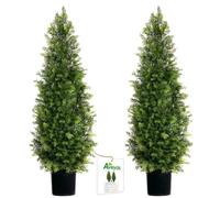 Aveyas 4ft Artificial Cedar Topiary Trees for Outdoor Front Porch Door, 4 Feet Faux Potted Plants Evergreen Fake Pine Cypress Tree for Outside Home Decor (4 ft Tall) - Set of 2 Pack