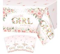 Avezano 3 pcs Girl Baby Shower Tablecloth 108x54 inch Pink Floral Baby Shower Party Tablecovers Disposable A Sweet Little Girl is on Her Way Table Cloth Plastic