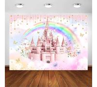Avezano Castle Backdrop for Girl Pastel Rainbow Cloud Princess Birthday Backdrop Pink Castle Birthday Party Photography Background Decoration Photo Booth Props (8x6ft)