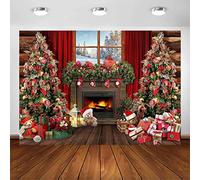 Avezano Christmas Fireplace Backdrop Xmas Tree Gifts Wooden Window Background Holiday Family Party Decorations Happy New Year Xmas Baby Shower Kids Birthday Party Portrait Banner(7ft x 5ft)