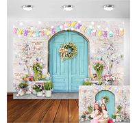 Avezano Easter Backdrop Blue Wooden Doors Brick Wall Bunny Rabbit Spring Photography Backdrops Easter Party Decorations Photo Background Photo Studio Props (7x5ft)