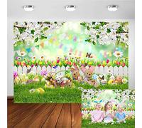 Avezano Easter Backdrop for Photography Spring Garden Flower Fence Green Grass Colorful Eggs Bokeh Background Kids Birthday Newborn Baby Shower Portrait Photo Booth Props (7x5ft)