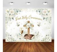 Avezano First Holy Communion Backdrop Baptism God Bless White Floral Christening Backdrop Baptism Theme Baby Shower Party Photography Background Decorations Photo Booth Props（7x5ft）