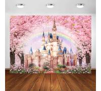 Avezano Floral Castle Backdrop Princess Castle Pink Sakura Spring Forest Rainbow Flowers Fantasy Fairy Tale Wonderland Background Wedding Birthday Party Photo Studio Props (5x3ft)
