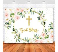Avezano Floral God Bless Backdrop First Holy Communion Baptism Pink Flowers Background God Dots Christening Baby Shower Backdrops Photo Studio Props (7x5)