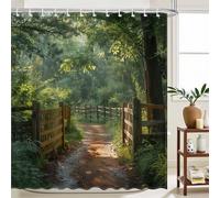 Avezano Forest Shower Curtain Garden Wooden Fence Enchanted Forest Scene Bathroom Shower Curtain Spring Green Tree Waterproof Fabric Shower Curtains Bathtub Decor with 12 Hooks 72 X 72 Inch