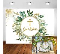 Avezano God Bless Backdrop First Communion Baptism Christening Party Decorations Green Leaves Newborn Baby Shower Photography Background Gifts Supplies Photo Booth Props (8x6ft)