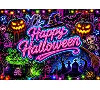 Avezano Halloween Backdrop Neon Bats Pumpkin Hallowmas Photography Background Halloween Party Decor Banner Photo Booth Props (6x4ft)