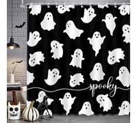 Avezano Halloween Ghost Shower Curtain Black White Spooky Cute Cartoon Ghost Bathroom Shower Curtain Halloween Waterproof Fabric Shower Curtains Bathtub Decor with 12 Hooks 72 X 72 Inch
