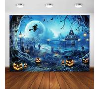 Avezano Halloween Photography Backdrop Horrible Pumpkin Graveyard Full Moon Night Backdrop for Children Kids Magic Witch Sorcerer Tombstone Party Decor Banner Photoshoot Booth Props (7x5ft, blue)