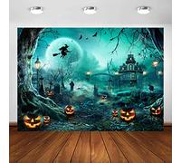 Avezano Halloween Photography Backdrop Horrible Pumpkin Graveyard Full Moon Night Backdrop for Children Kids Magic Witch Sorcerer Tombstone Party Decor Banner Photoshoot Booth Props (7x5ft, green)