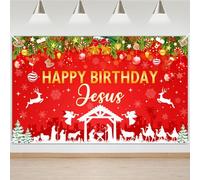 Avezano Happy Birthday Jesus Backdrop Red Christian Christmas Jesus Birthday Party Decorations Banner Christmas Religious Decor for Jesus' Birth Party Supplies Banner (6x3.6ft)