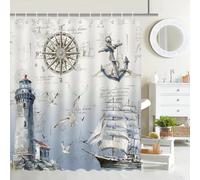 Avezano Nautical Sailboat Shower Curtain Lighthouse Compass Anchor Bathroom Shower Curtain Nautical Coastal Waterproof Fabric Shower Curtain Bathtub Decor with 12 Hooks 72 X 72 Inch