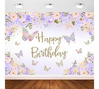 Avezano Purple Butterfly Birthday Backdrop for Girl's Purple Peach Floral Pastel Butterflies Birthday Background Pink Lilac Purple Gold Wishes and Butterfly Kisses Party Decorations Photoshoot (7x5ft)