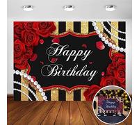Avezano Red Rose Birthday Backdrop for Girls Woman Party Decorations Red Roses Floral Pearl Black and Gold Stripes Happy Birthday Party Banner Photoshoot Photography Background Party Supplies (7x5ft)