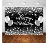 Avezano Silver Black Happy Birthday Backdrop Black and Silver Bokeh Balloons Glitter Sequin Diamond Photography Background Adult Woman Men Birthday Party Decorations (Silver, 8x6ft)