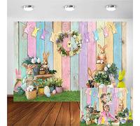 Avezano Spring Easter Backdrop Wooden Wall Easter Garland Holiday Decoration Background Bunny Rabbit Colorful Eggs Grass Backdrops Baby Shower Kids Portrait Party Banner (7x5ft)