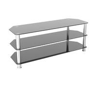 AVF Corner Glass TV Stand - 125cm Wide, Silver Chrome Metal Legs, Gloss Black Safety Shelves, Open Storage for Up to 60" TVs - SDC1250