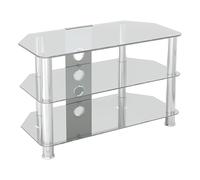 AVF Clear Glass Corner TV Stand, 80cm, up to 43 Inch, Chrome Legs | clear glass shelves for media devices; 80cm corner TV stand for small rooms; chrome legs for modern setup