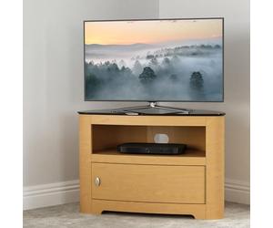 AVF Curved Wood TV Stand - Blenheim Affinity 800mm Wide Floorstand Unit Upto 40", Oak With Black Glass, Open and Closed Storage
